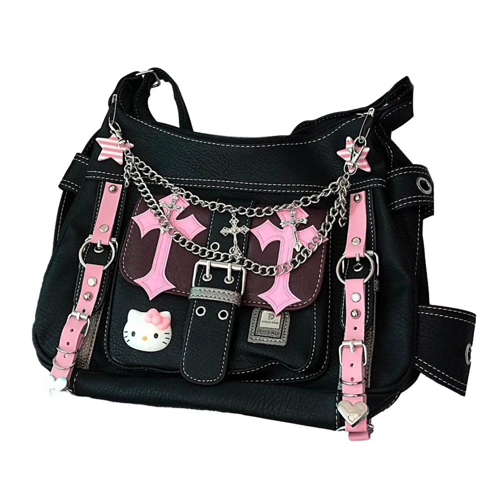 Hello Kitty Sanrio Gothic Punk Vintage Pink Cross Chains Crossbody Bags For Women Toys Hot Girl Handbag Y2k Trend Tote Bag Gift