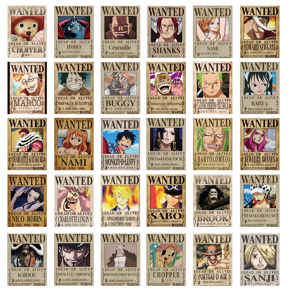 56PCS Anime One Piece Wanted Posters Stickers Cool Cartoon Decal Laptop Notebook Phone Decoration Wall Graffiti Sticker