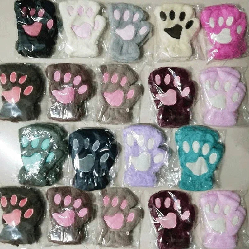 Girls Lovely Bear Plush Cat Paw Claw Gloves Winter Faux Fur Kitten Fingerless Mittens for Women Christmas Halloween Gloves