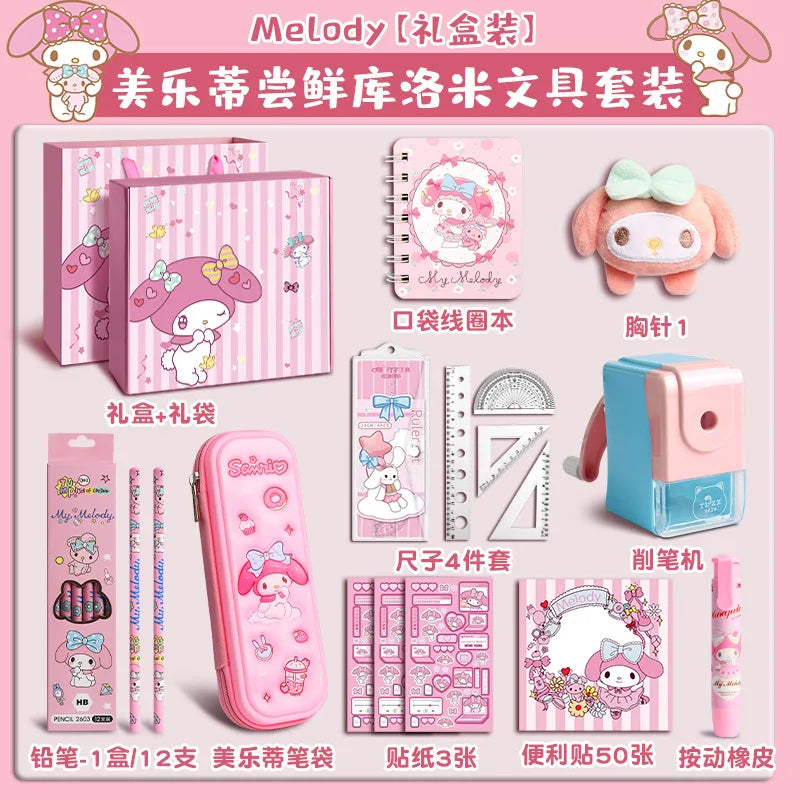 Sanrio Stationery Set Hello Kitty Cinnamoroll Kuromi Cartoon Pencil Rubber Ruler Pencil Sharpener Student Supplie Stationery Set