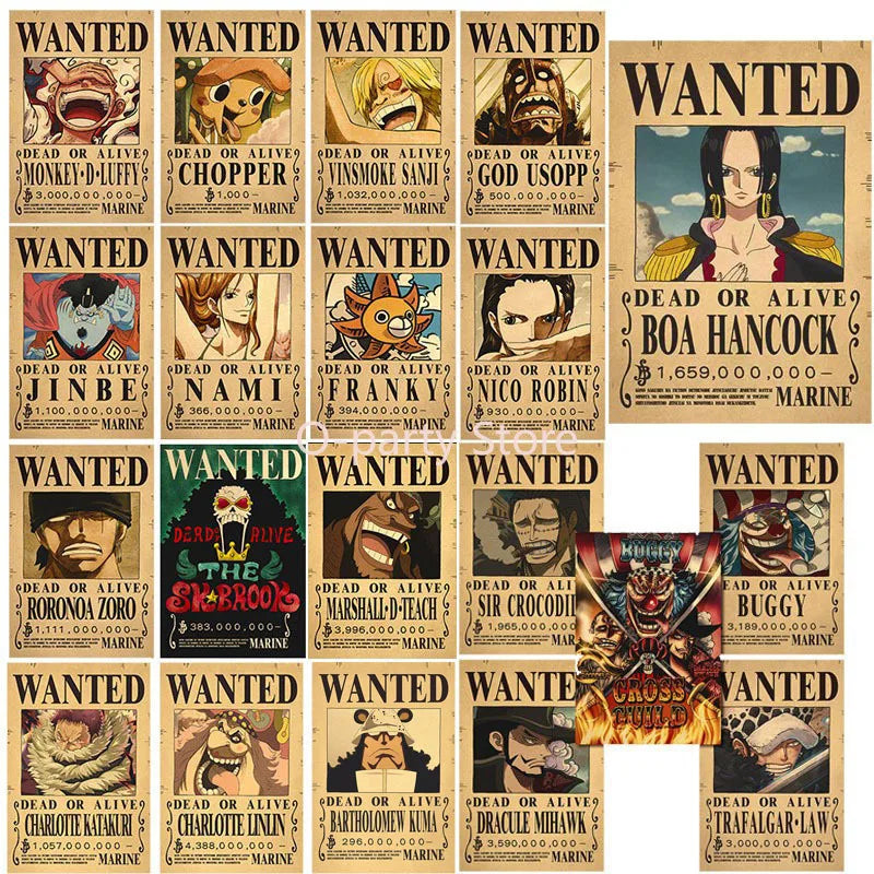 A whole set of Anime One Piece Luffy Wanted Warrant Posters for Kids Room Wall Decoration