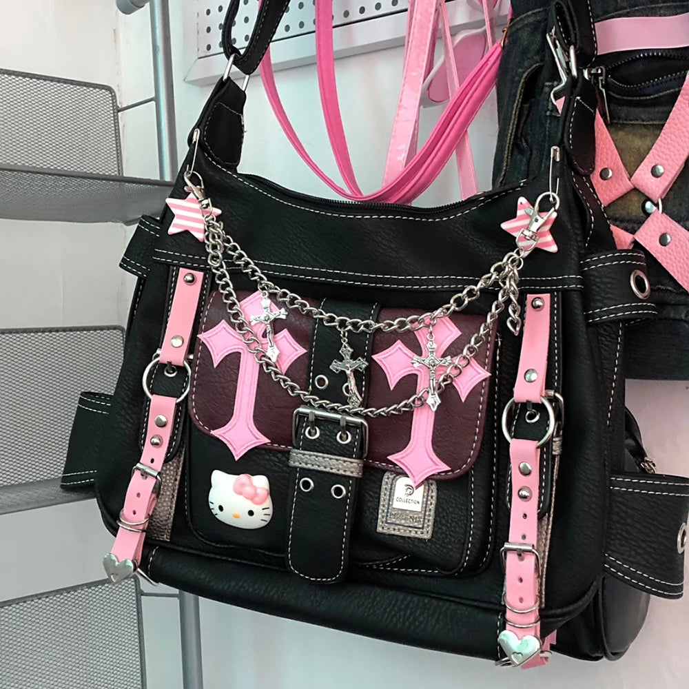 Hello Kitty Sanrio Gothic Punk Vintage Pink Cross Chains Crossbody Bags For Women Toys Hot Girl Handbag Y2k Trend Tote Bag Gift