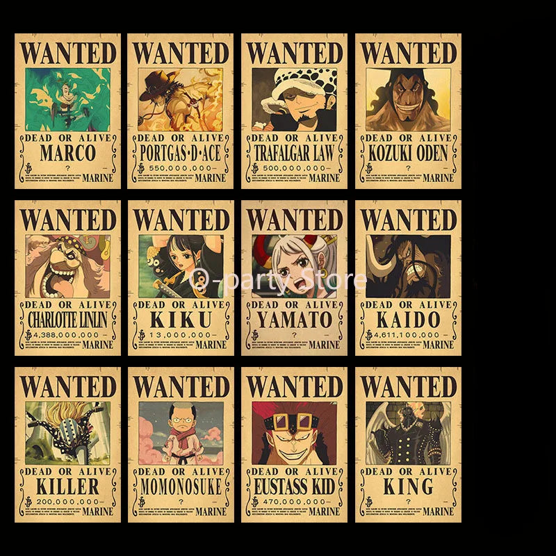 A whole set of Anime One Piece Luffy Wanted Warrant Posters for Kids Room Wall Decoration