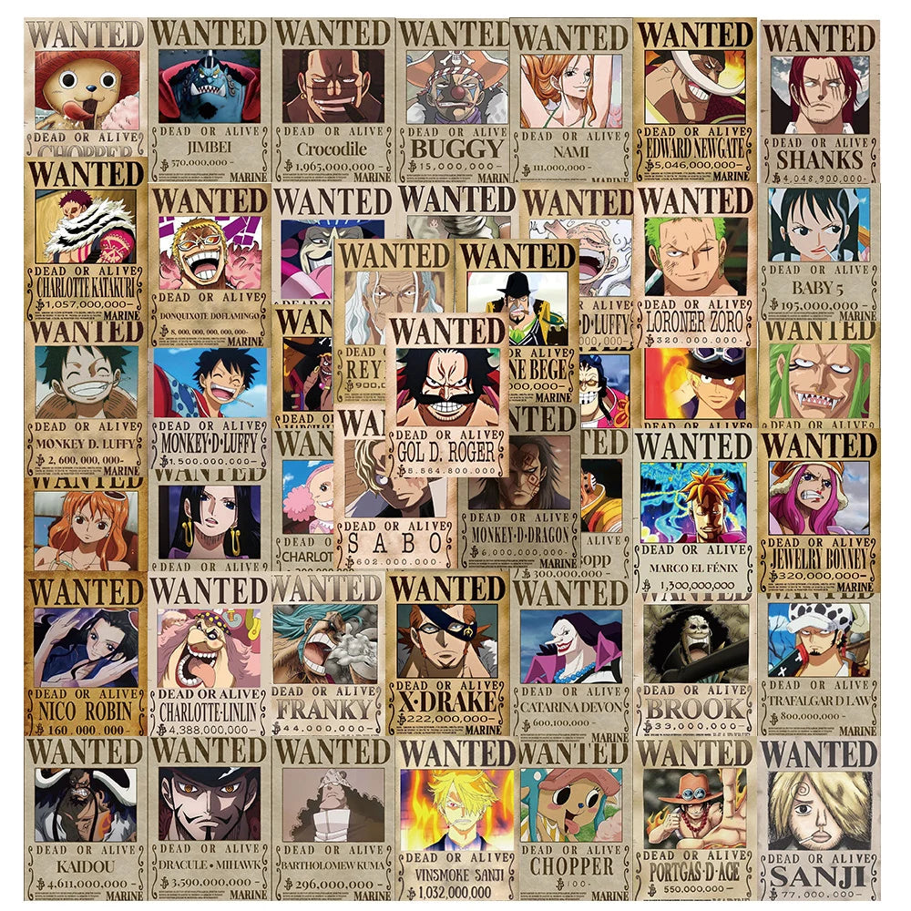 56PCS Anime One Piece Wanted Posters Stickers Cool Cartoon Decal Laptop Notebook Phone Decoration Wall Graffiti Sticker