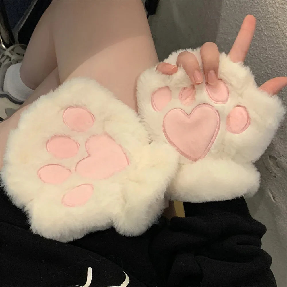 Girls Lovely Bear Plush Cat Paw Claw Gloves Winter Faux Fur Kitten Fingerless Mittens for Women Christmas Halloween Gloves