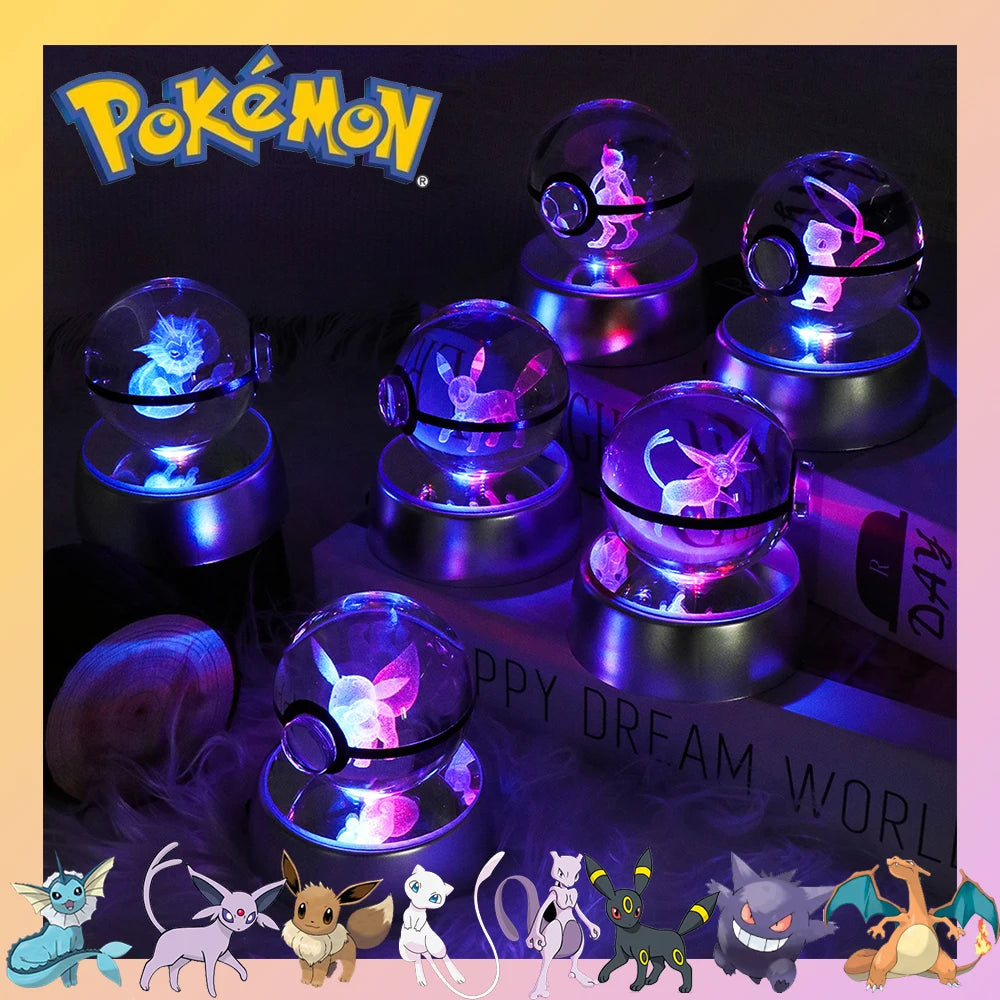 Pokemon 3D Crystal Ball Figure Model Toy Pokeball Rayquaza Umbreon Mew Gengar Ditto Vulpix  Night Light LED Lamp With Base Gift