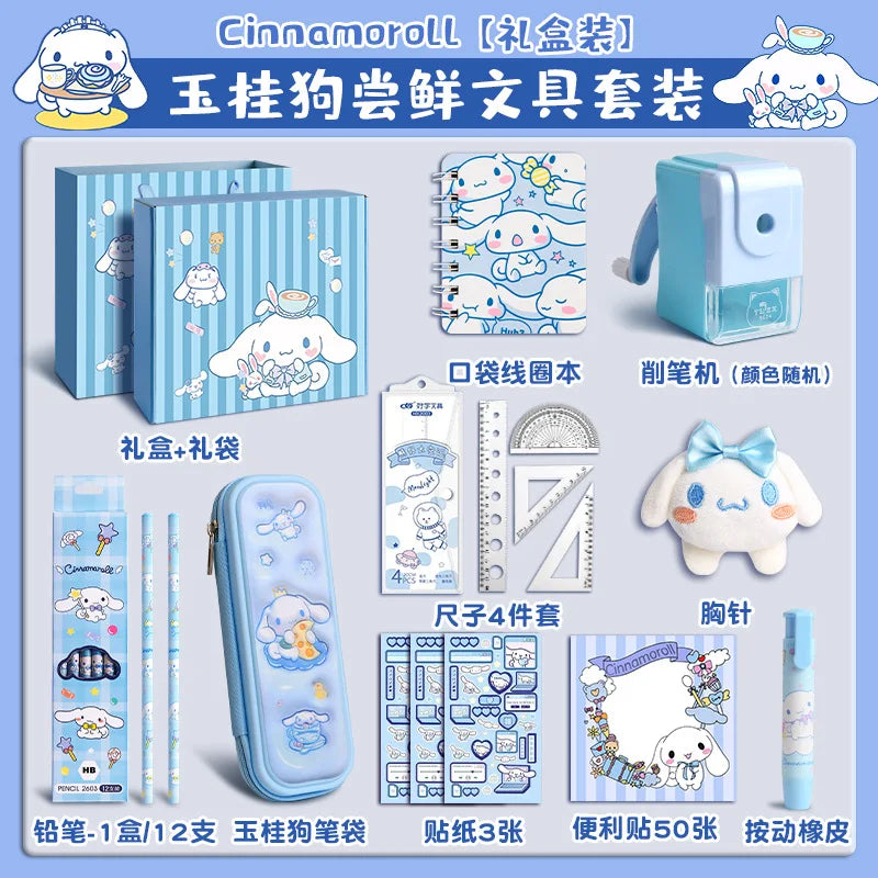 Sanrio Stationery Set Hello Kitty Cinnamoroll Kuromi Cartoon Pencil Rubber Ruler Pencil Sharpener Student Supplie Stationery Set