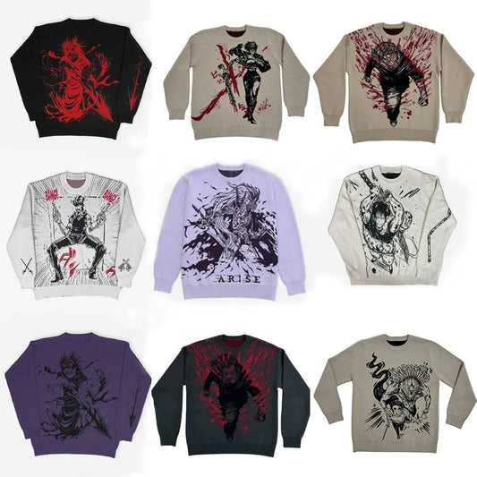 New Hip Hop Gothic Dark Anime Print Streetwear Knitted Sweater Men  Pullover Autumn Harajuku Sweater Women Oversized Sweate