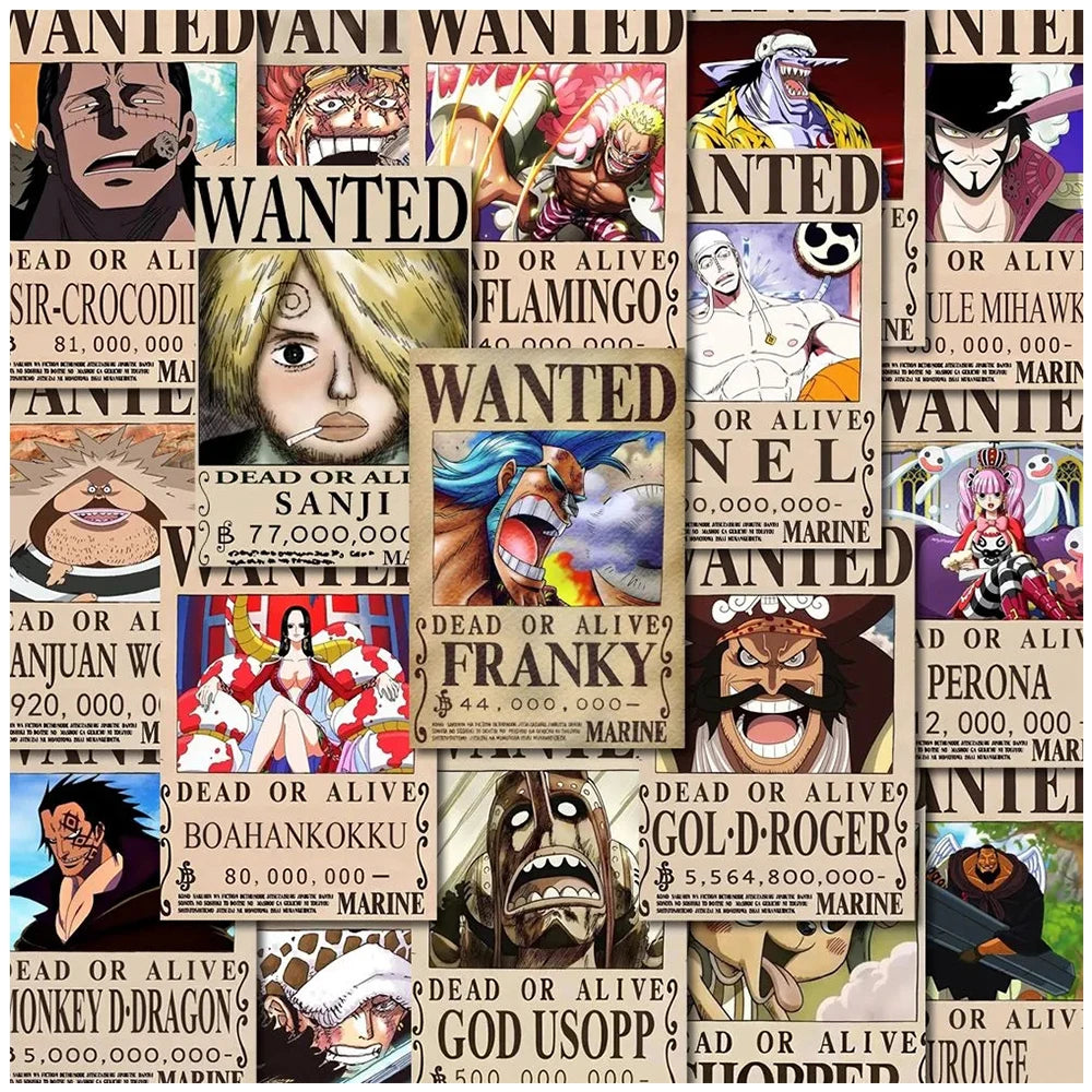 56PCS Anime One Piece Wanted Posters Stickers Cool Cartoon Decal Laptop Notebook Phone Decoration Wall Graffiti Sticker