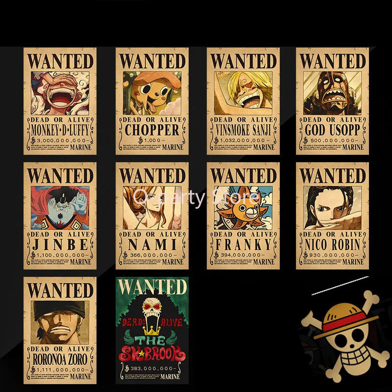 A whole set of Anime One Piece Luffy Wanted Warrant Posters for Kids Room Wall Decoration