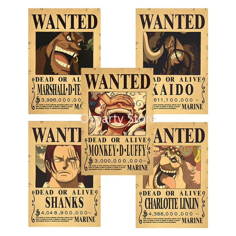 A whole set of Anime One Piece Luffy Wanted Warrant Posters for Kids Room Wall Decoration