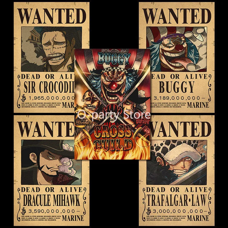 A whole set of Anime One Piece Luffy Wanted Warrant Posters for Kids Room Wall Decoration